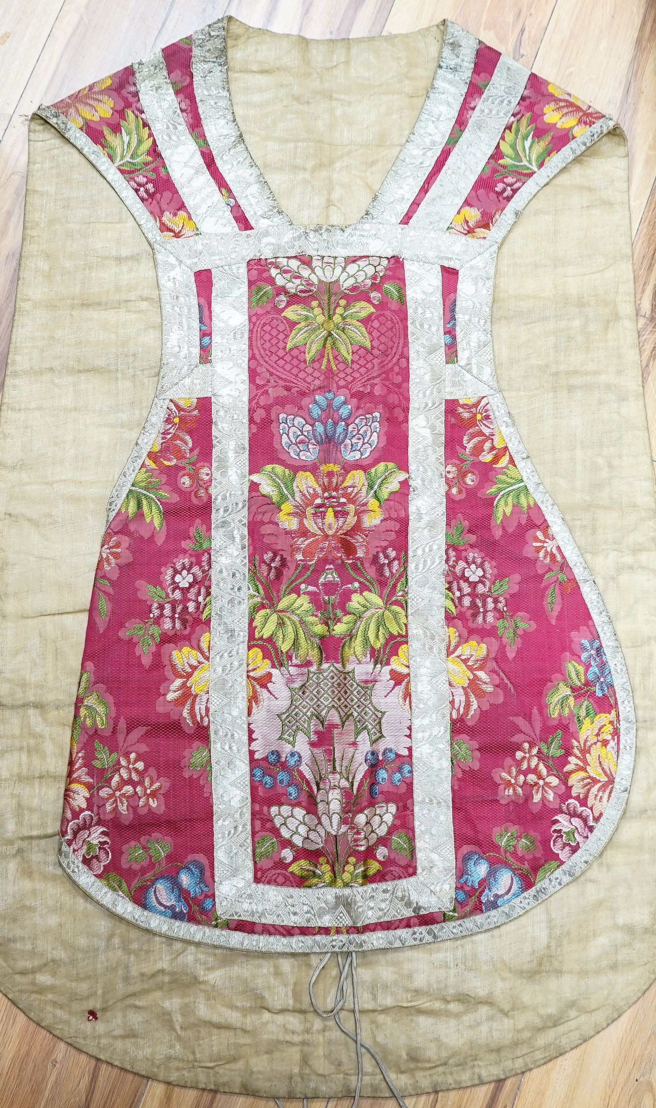 A woven silk ecclesiastical cope vestment and a pink silk shawl (2)